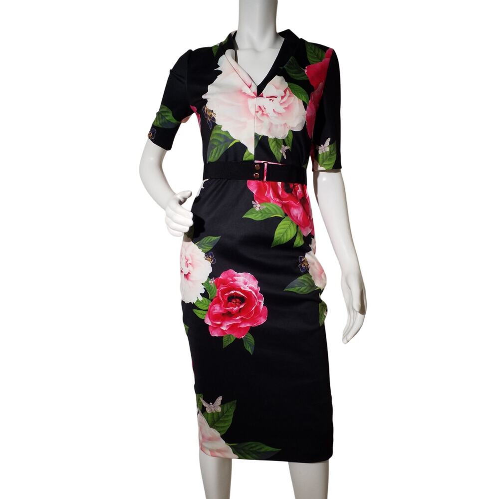 Ted Baker Floral Sheath Midi Dress – Black – Size 2